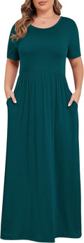 Women'S plus Size Short Sleeve Loose Plain Casual Long Maxi Dresses with Pockets